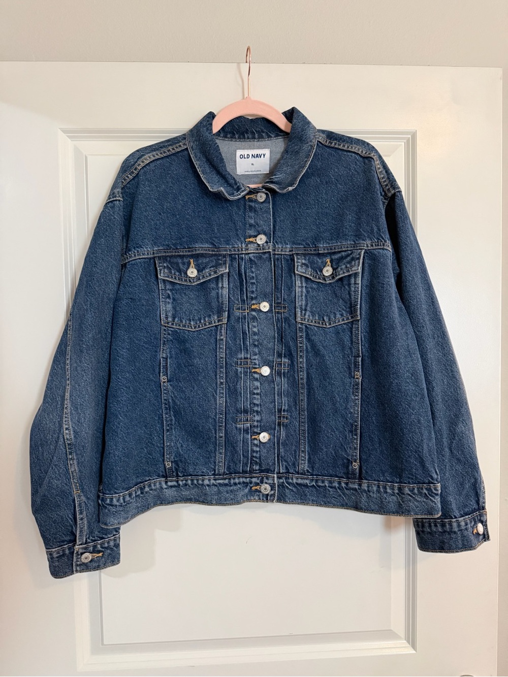 women’s relaxed classic dark wash button up jean jacket - old navy!